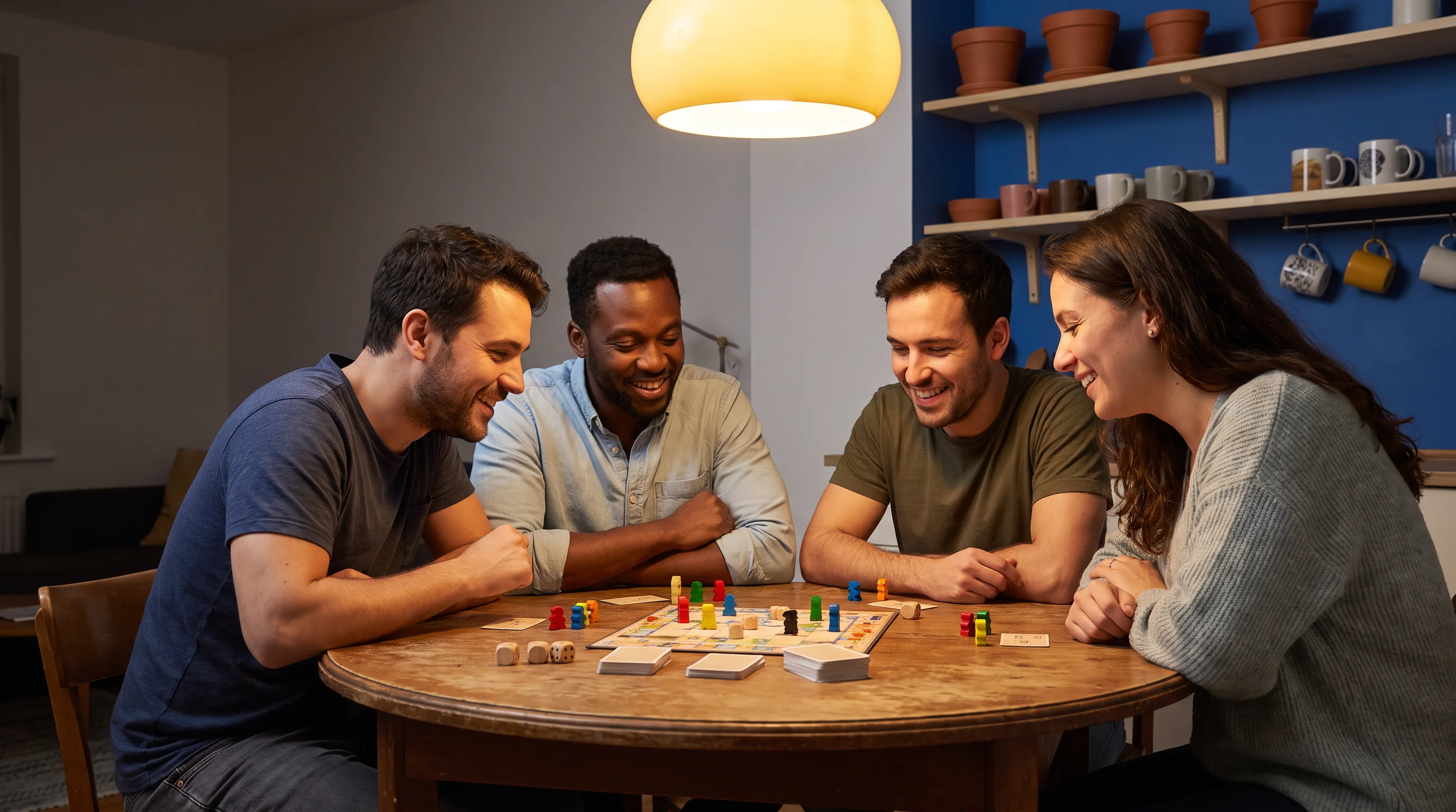 Four friends gathered around a tabletop game in a warm room