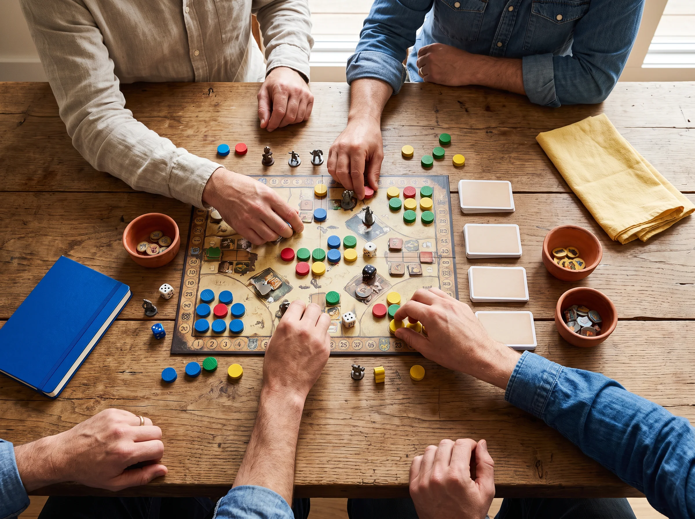 Hands gathered around a colorful board game from above