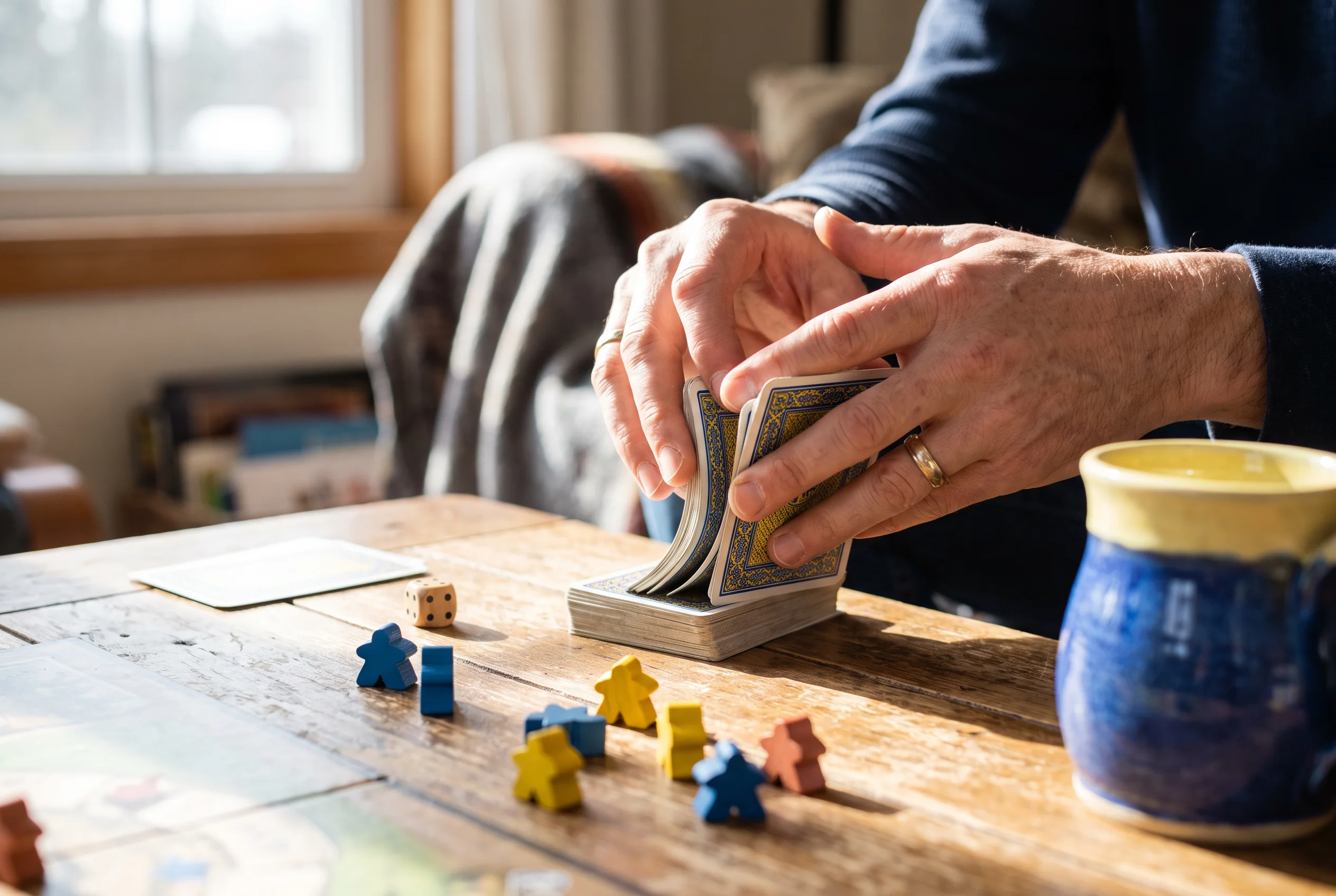 Hands shuffling cards beside wooden game pieces