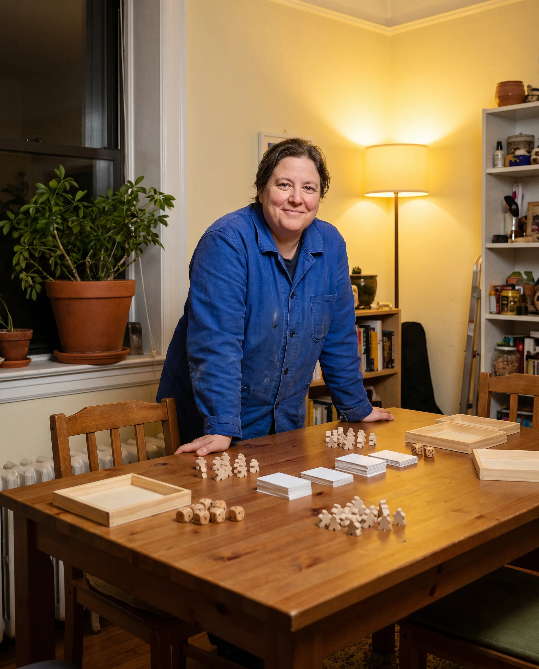 A tabletop game host beside a prepared wooden game table