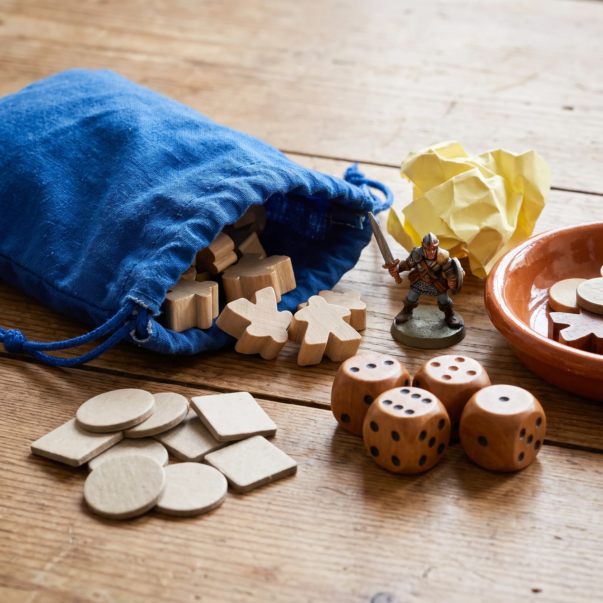 Wooden pawns, dice, miniature and components on a table