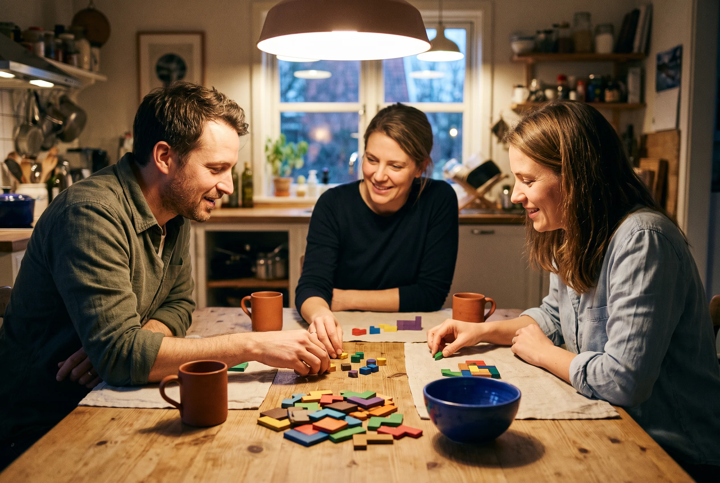 Friends collaborating with colorful wooden tiles at a dining table