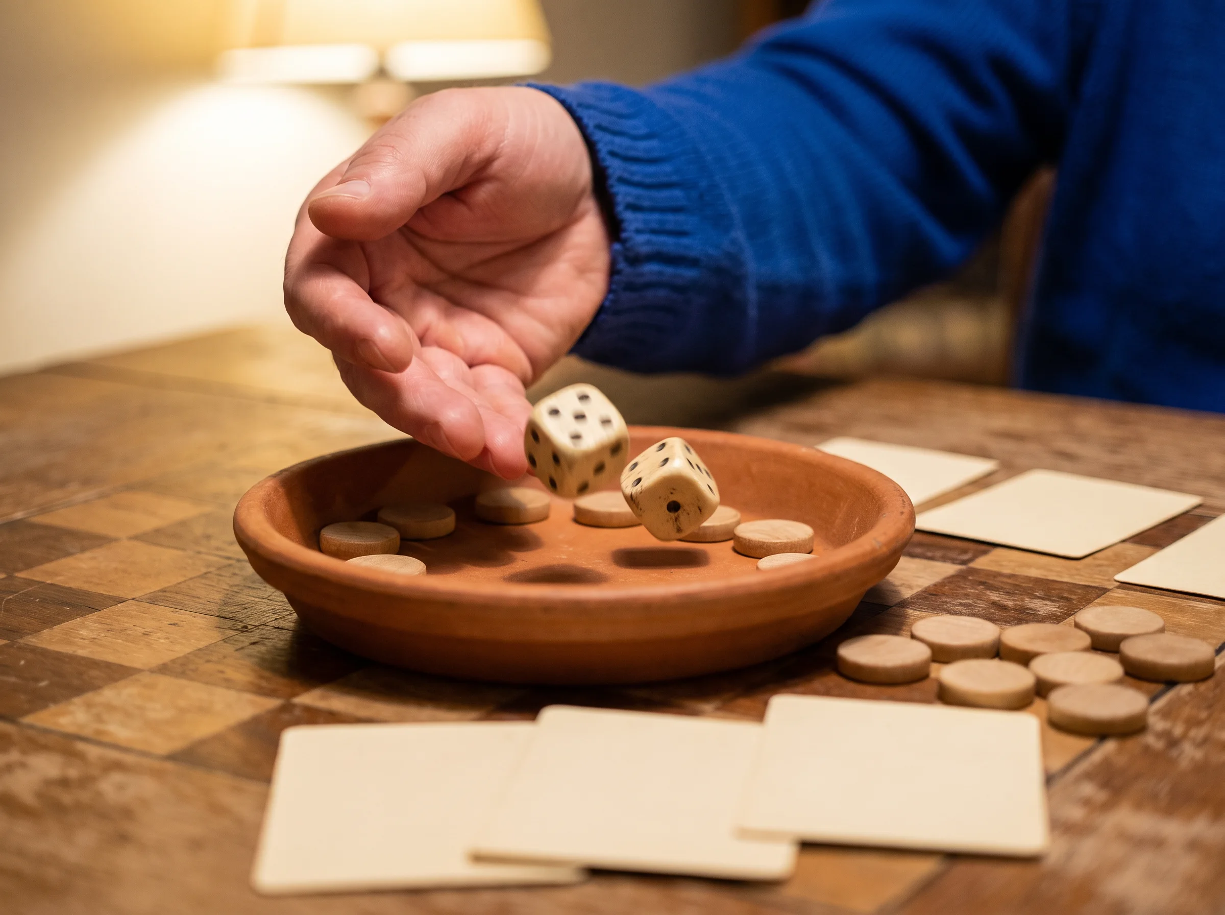 Hand rolling dice into a terracotta dish