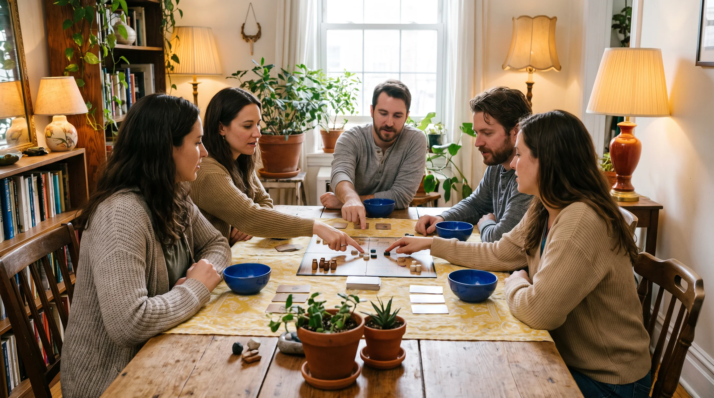 Five friends playing a strategy game around a long table