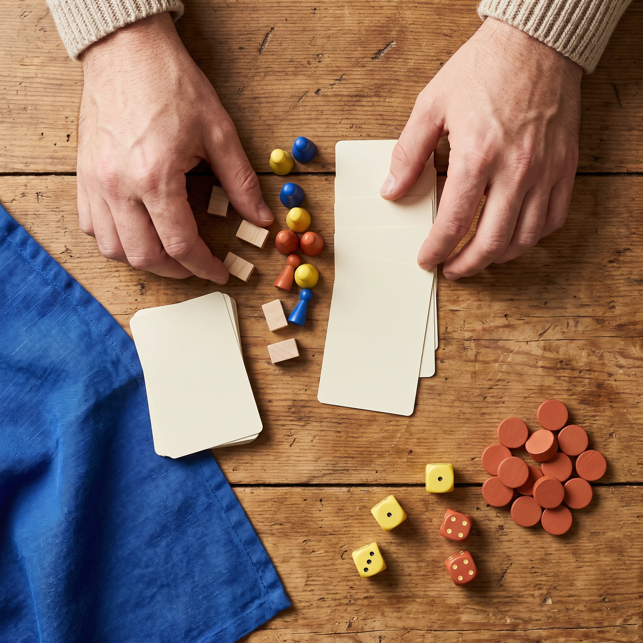 Hands arranging blank cards and colorful game pieces from above